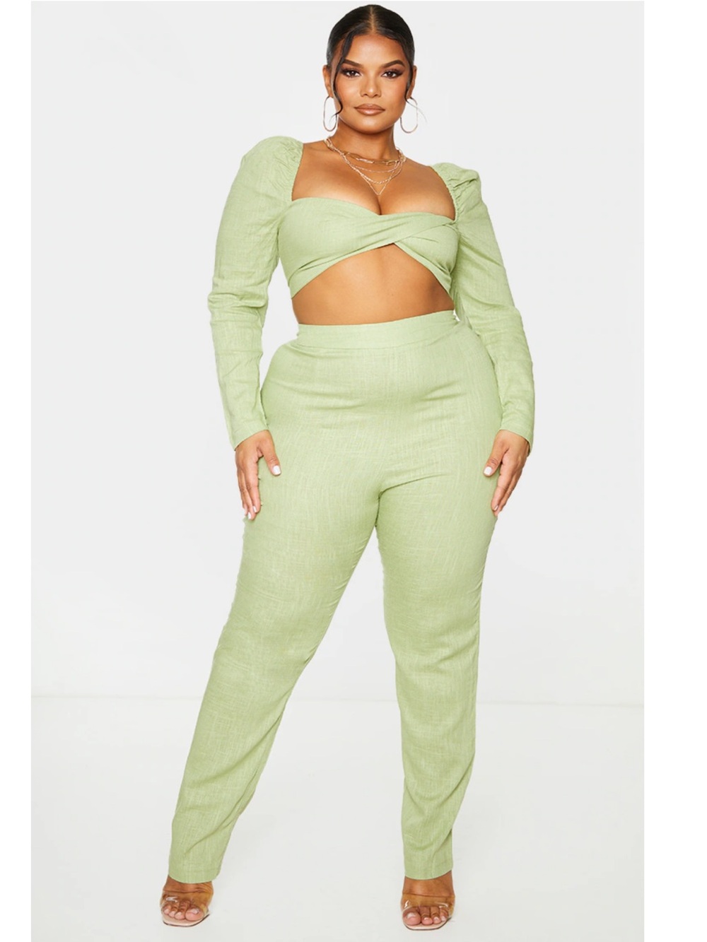 PrettyLittleThing Sage Green Twisted Crop Top & Straight Leg Pants Set